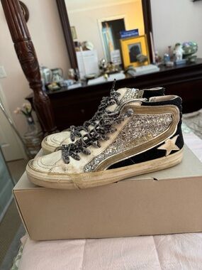 Golden Goose Glitter & Suede High-Top Sneakers in Gold, Black & White